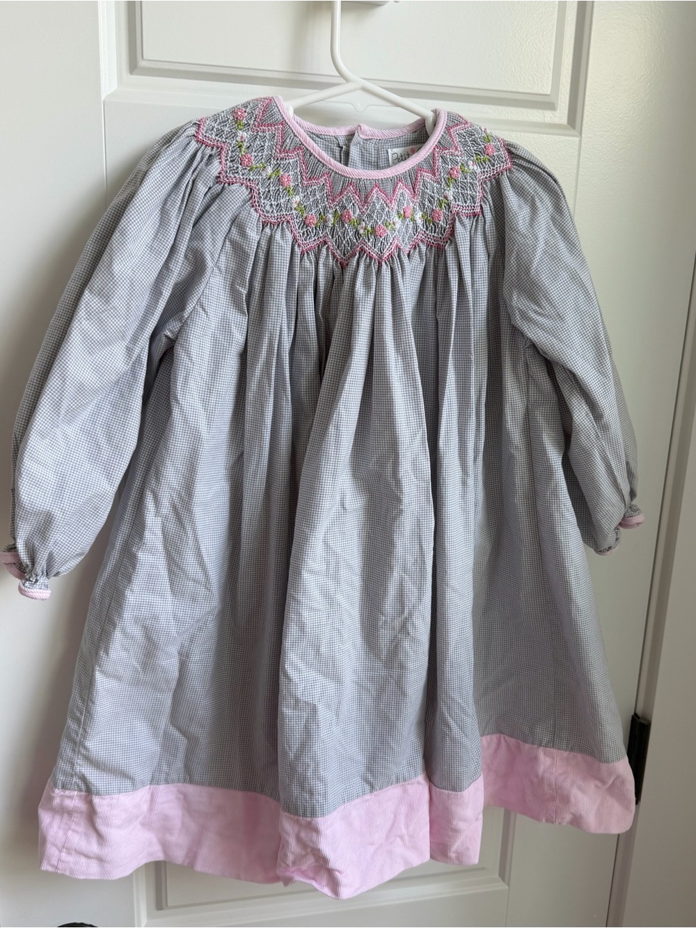 Petit Ami Long Sleeve Gray Dress with Pink Trim and Smocked Rosette Yoke